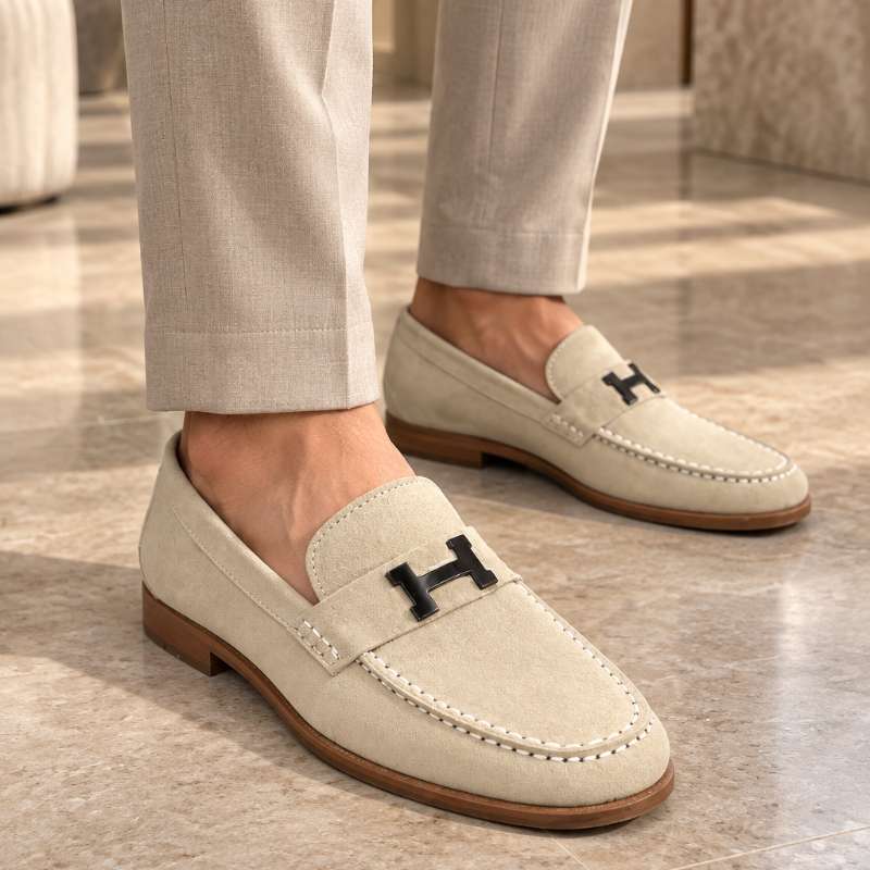Premium Genuine Leather Slip-On Loafers for Men – H-Style Metal Detail, Handmade TPR Sole