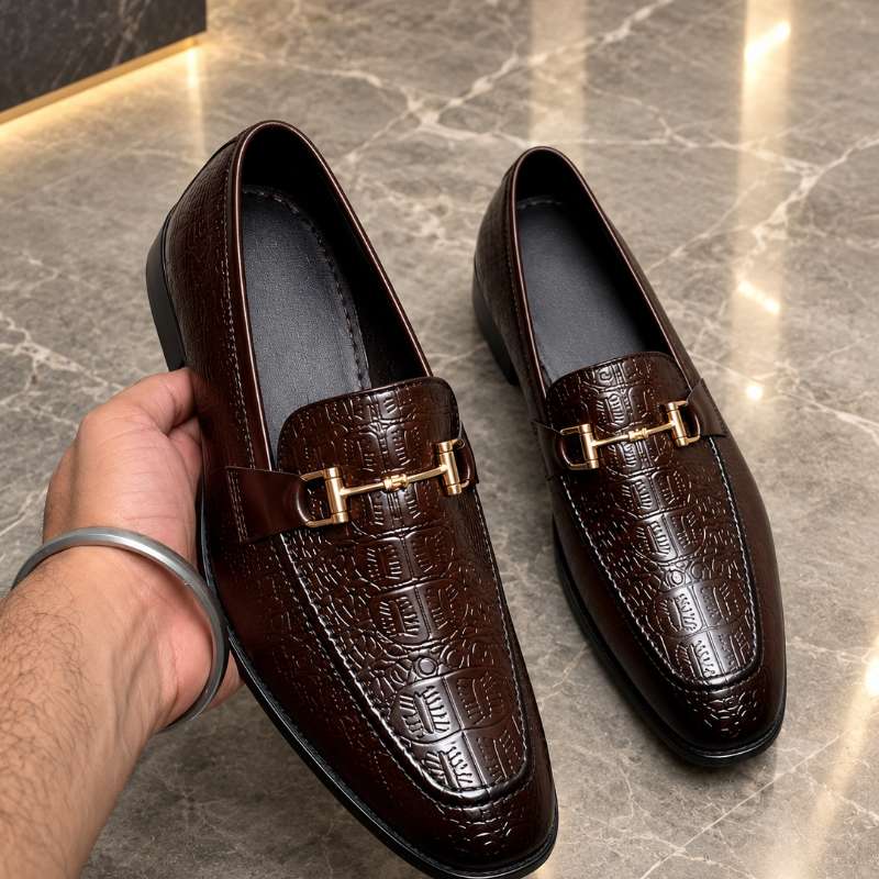 Men's Premium Crocodile Texture Moccasins | Metal Bit Loafers with Handmade TPR Sole