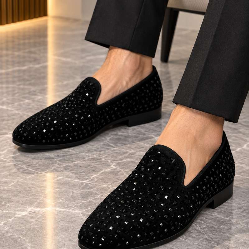 Men's Studded Mirror Work Loafers | Premium Imported Party Wear Moccasins | Slip-On Shoes