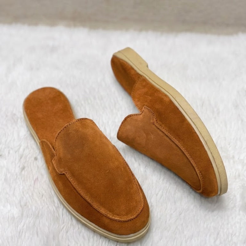 Men's Premium Leather Slip-On Mules – Genuine Suede Backless Loafers with Handmade TPR Sole