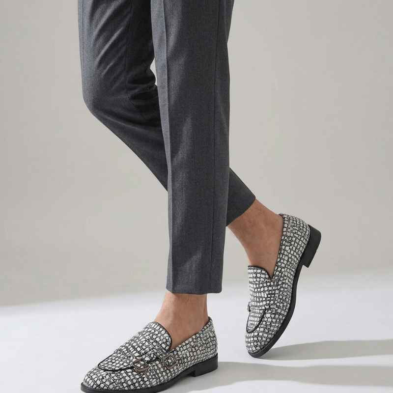 Luxury Textured Loafers for Men – Handmade Faux Leather Designer Shoes with Double Buckle