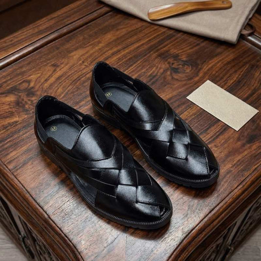 Men’s Premium Woven Leather Slip-On Loafers – Stylish Casual Ethnic Comfort Shoes