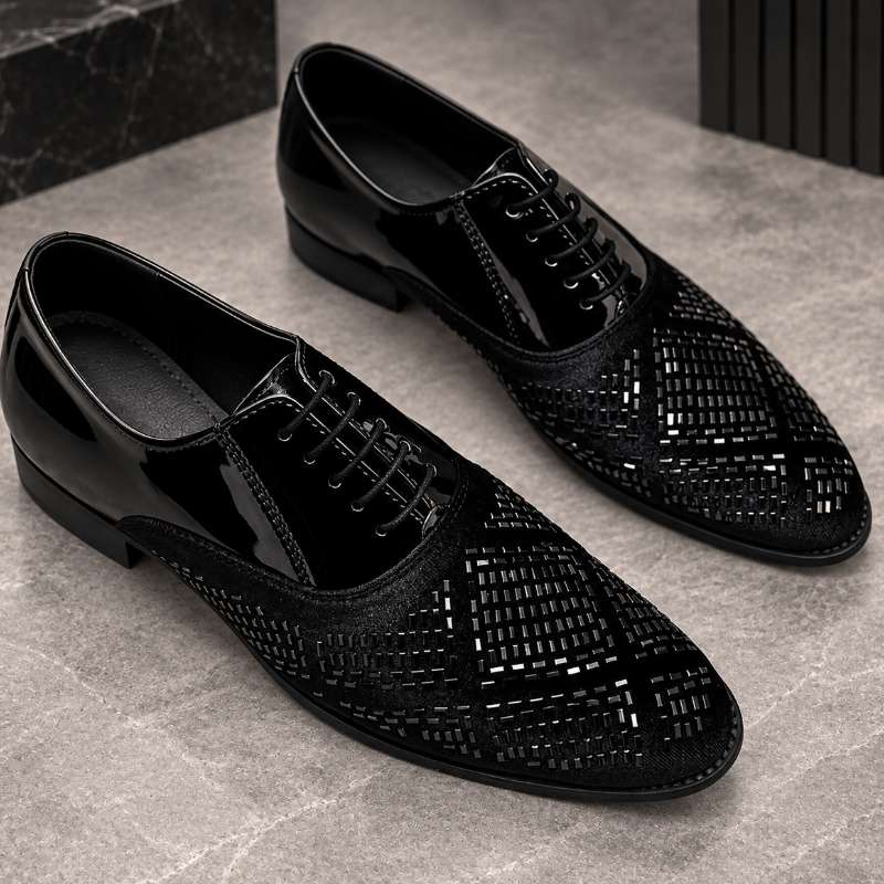 Premium Imported Black Studded Mirror Work Formal Shoes for Men – Handmade | Durable TPR Sole