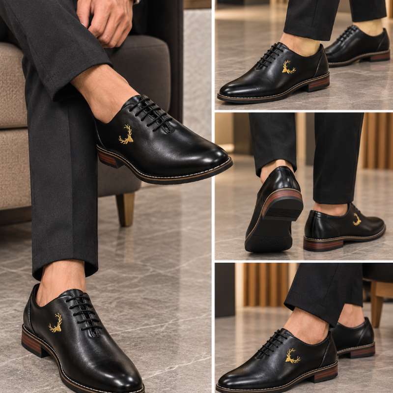 Premium Black Lace-Up Formal Shoes for Men – Embroidered Gold Emblem