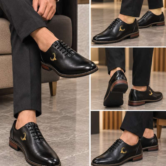 Premium Black Lace-Up Formal Shoes for Men – Embroidered Gold Emblem
