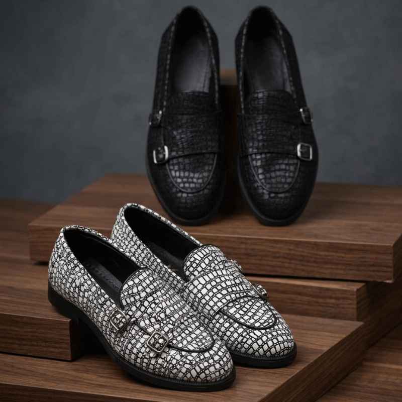 Luxury Textured Loafers for Men – Handmade Faux Leather Designer Shoes with Double Buckle