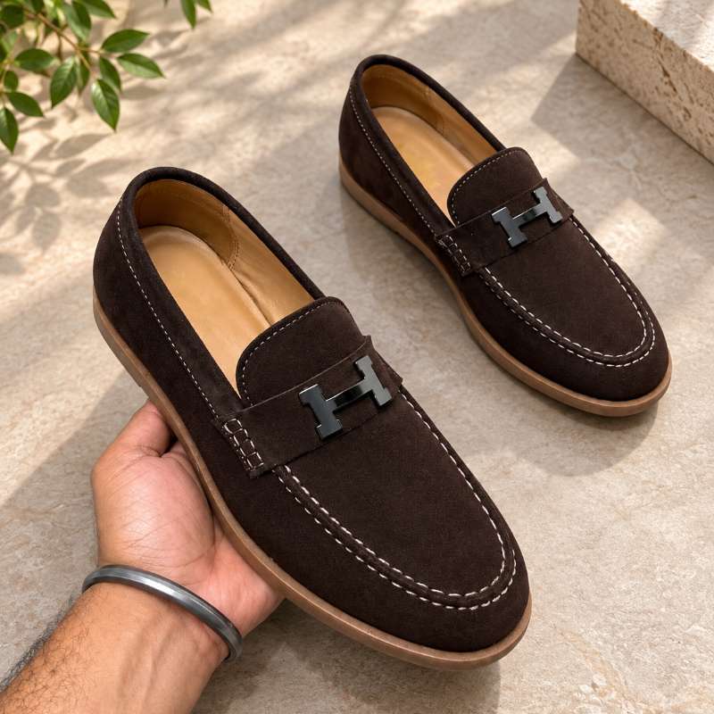 Premium Genuine Leather Slip-On Loafers for Men – H-Style Metal Detail, Handmade TPR Sole