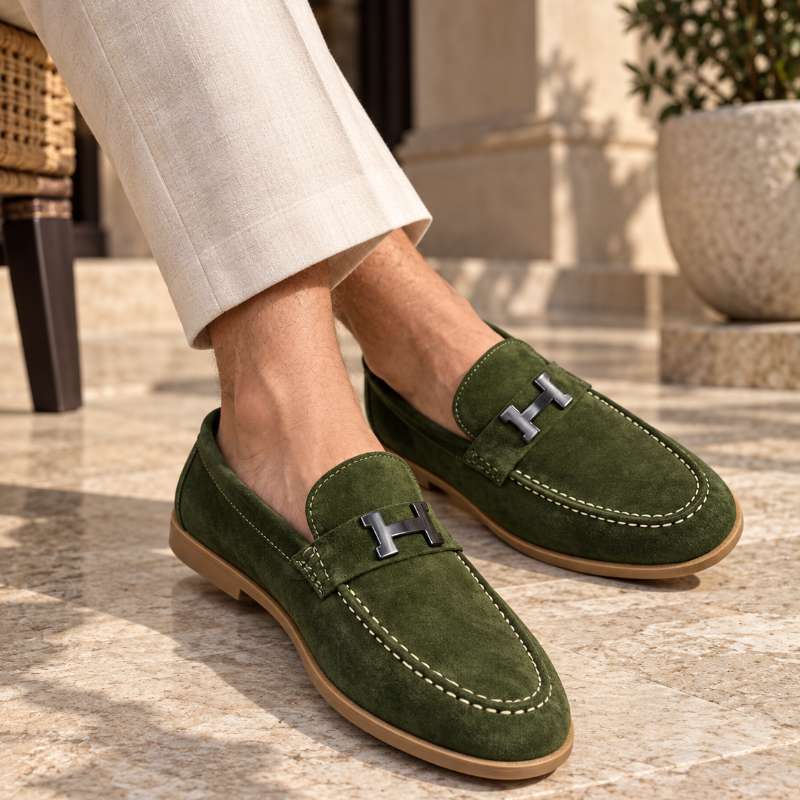 Premium Genuine Leather Slip-On Loafers for Men – H-Style Metal Detail, Handmade TPR Sole