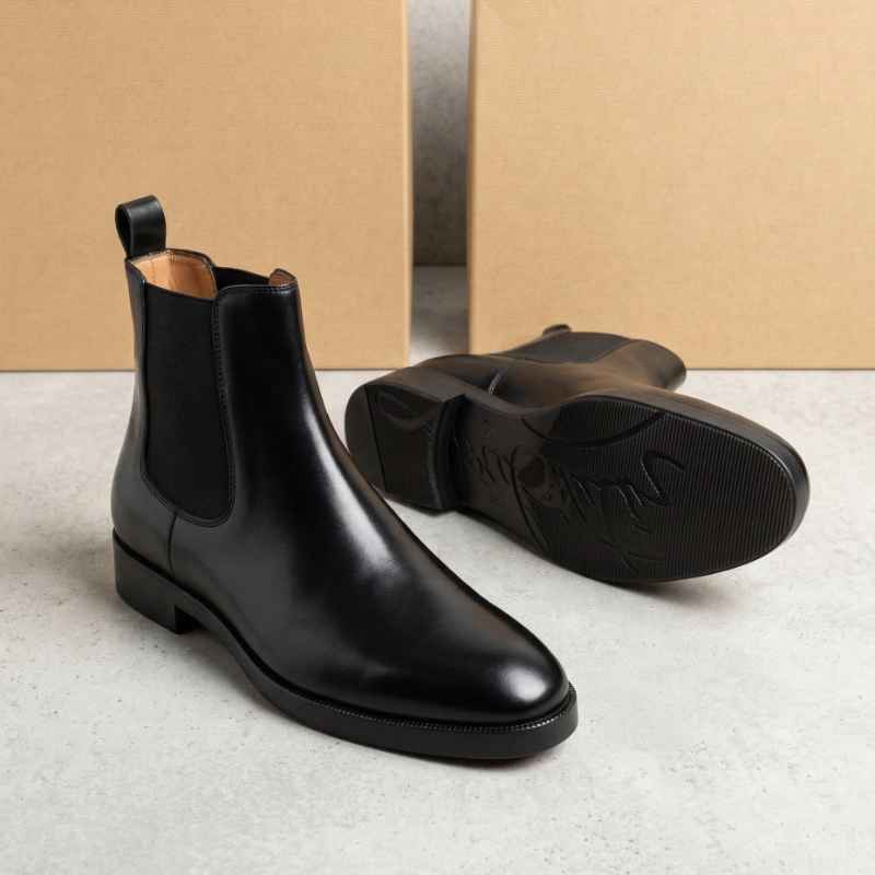 Men’s Premium Chelsea Boots – Sleek Black Faux Leather Ankle Boots with Elastic Side & Handmade TPR Sole