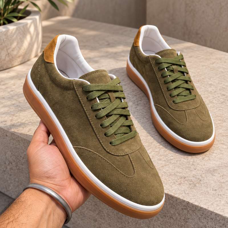 Premium genuine Indian leather sneakers for men with a stylish low-top design, handmade TPR sole and comfortable inner lining. Available in UK 6–UK 10.