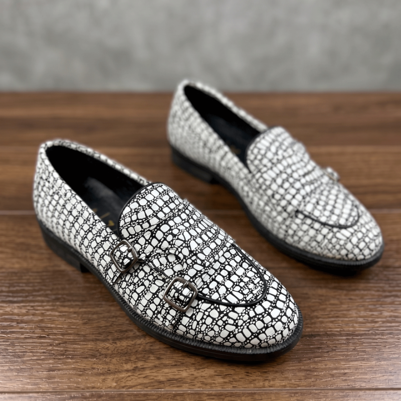 Luxury Textured Loafers for Men – Handmade Faux Leather Designer Shoes with Double Buckle
