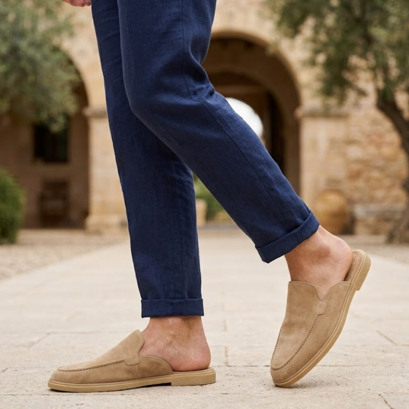 Men's Premium Leather Slip-On Mules – Genuine Suede Backless Loafers with Handmade TPR Sole