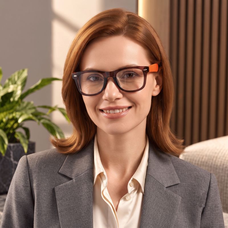 Premium Square Eyeglasses with Transparent Smoke Grey Frame & Neon Orange Temples