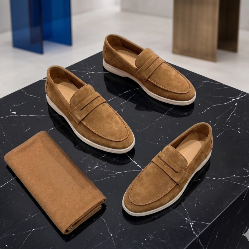 Men's Premium Suede Leather Penny Loafers – Slip-On Casual Sneakers with Handmade TPR Sole