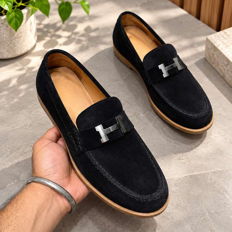 Premium Genuine Leather Slip-On Loafers for Men – H-Style Metal Detail, Handmade TPR Sole