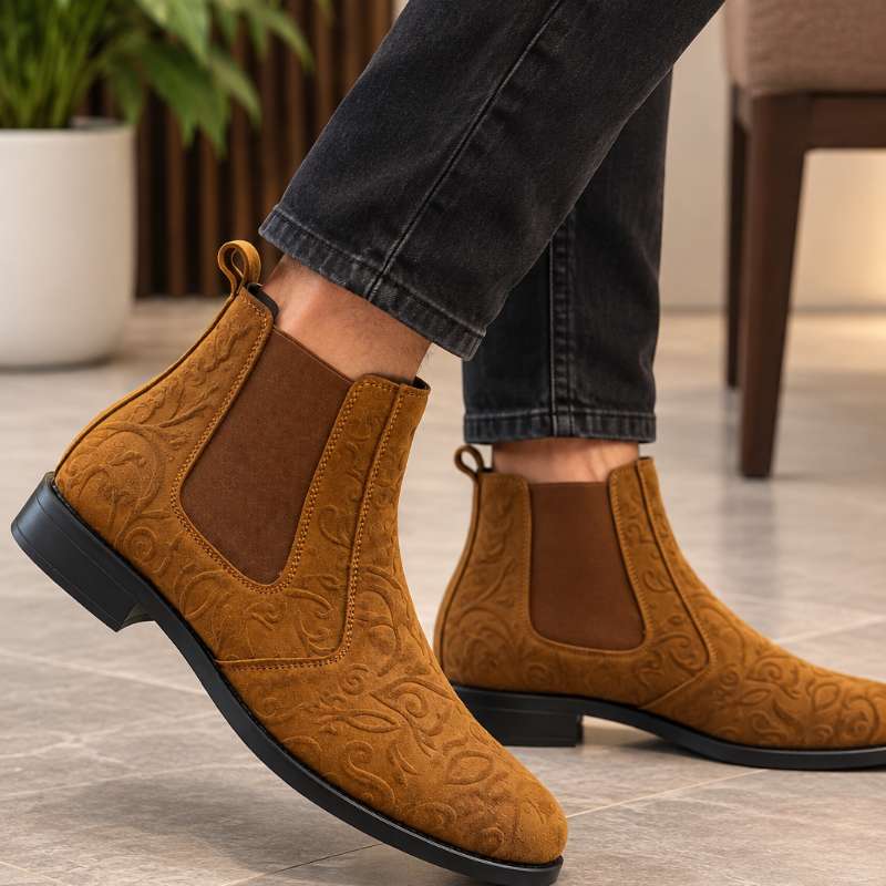 Men's Premium Embossed Suede Chelsea Boots | Handmade Leather Ankle Boots