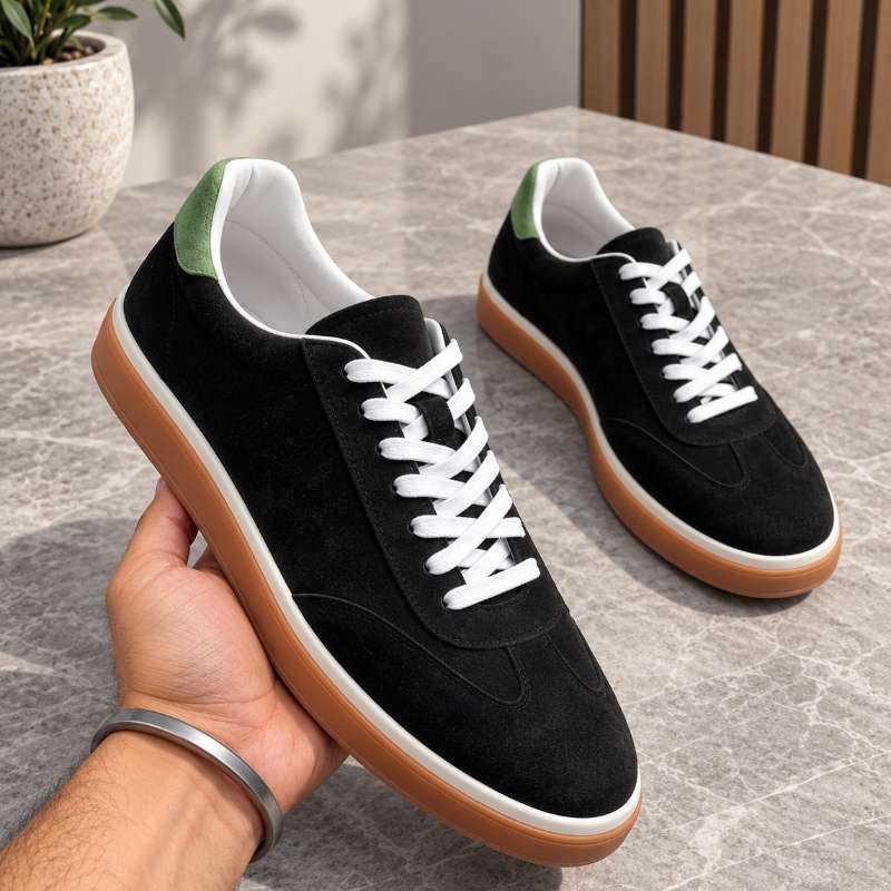 Premium genuine Indian leather sneakers for men with a stylish low-top design, handmade TPR sole and comfortable inner lining. Available in UK 6–UK 10.