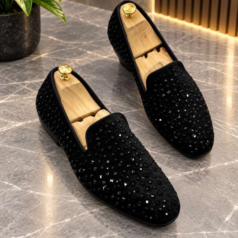 Men's Studded Mirror Work Loafers | Premium Imported Party Wear Moccasins | Slip-On Shoes