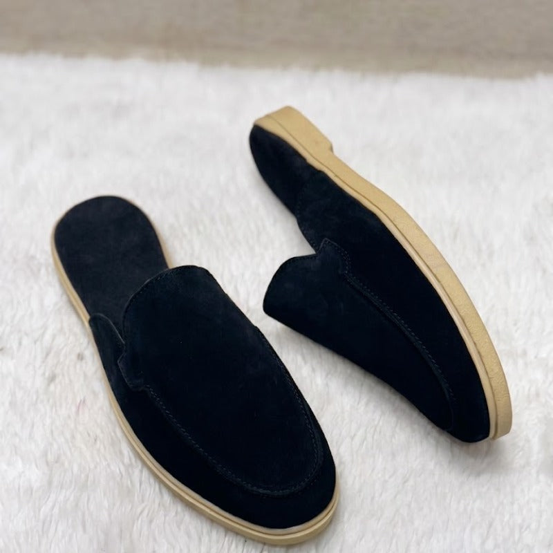 Men's Premium Leather Slip-On Mules – Genuine Suede Backless Loafers with Handmade TPR Sole