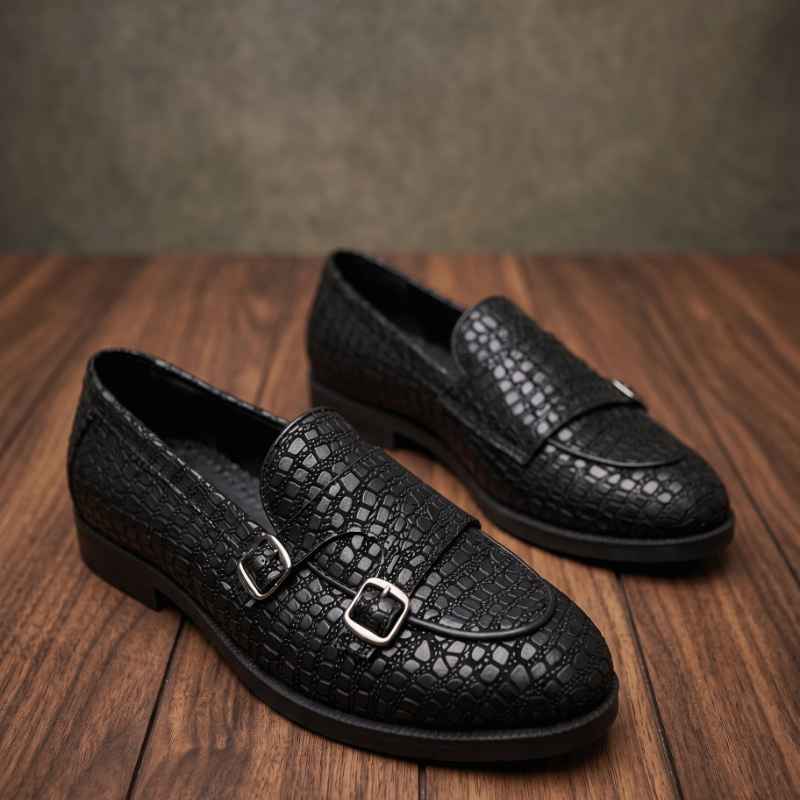 Luxury Textured Loafers for Men – Handmade Faux Leather Designer Shoes with Double Buckle