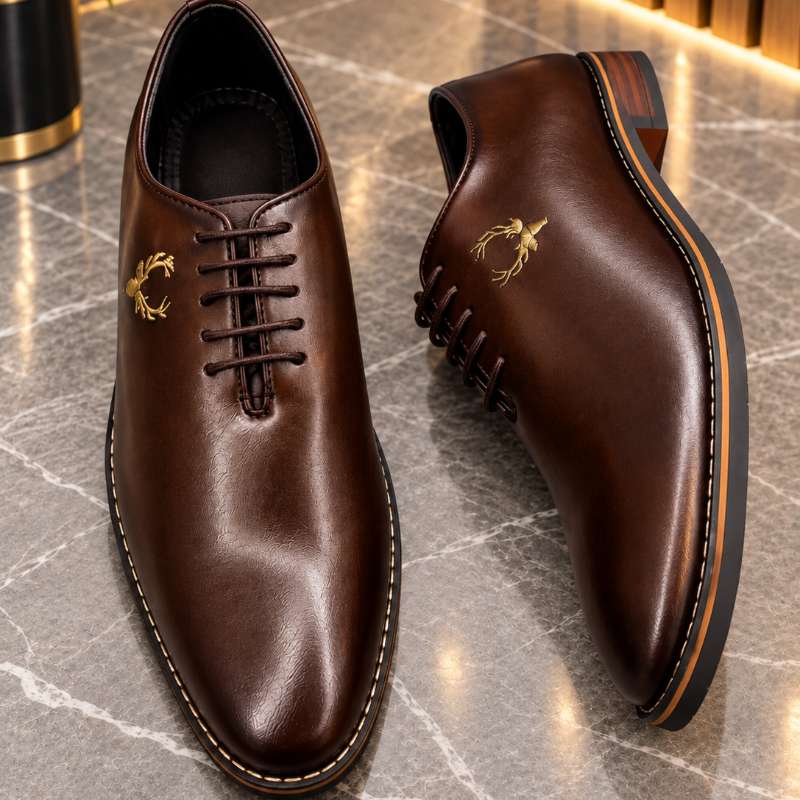 Premium Black Lace-Up Formal Shoes for Men – Embroidered Gold Emblem