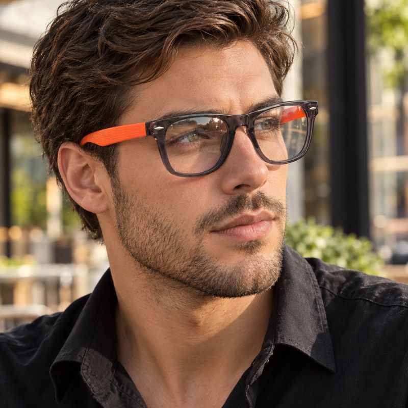 Premium Square Eyeglasses with Transparent Smoke Grey Frame & Neon Orange Temples