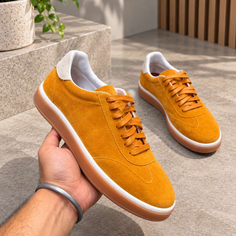 Premium genuine Indian leather sneakers for men with a stylish low-top design, handmade TPR sole and comfortable inner lining. Available in UK 6–UK 10.