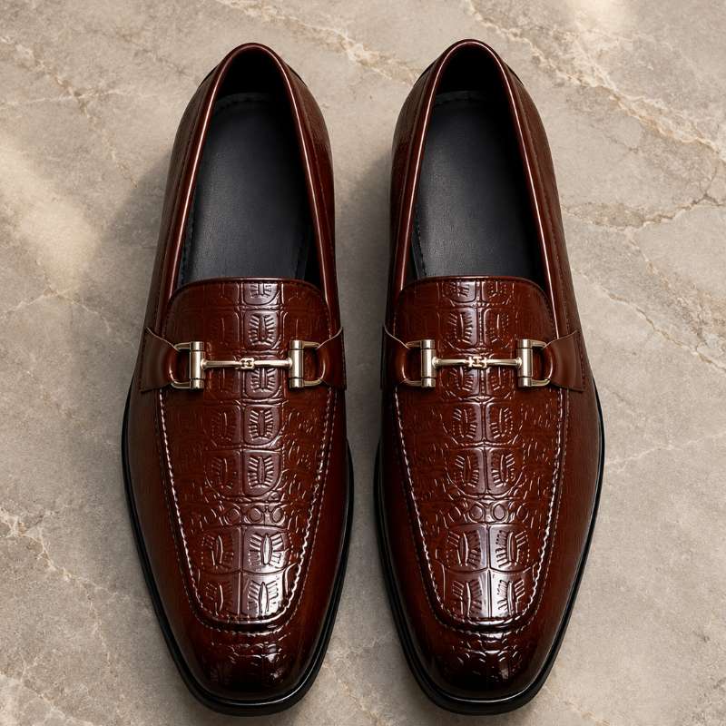 Men's Premium Crocodile Texture Moccasins | Metal Bit Loafers with Handmade TPR Sole