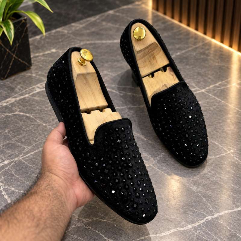 Men's Studded Mirror Work Loafers | Premium Imported Party Wear Moccasins | Slip-On Shoes