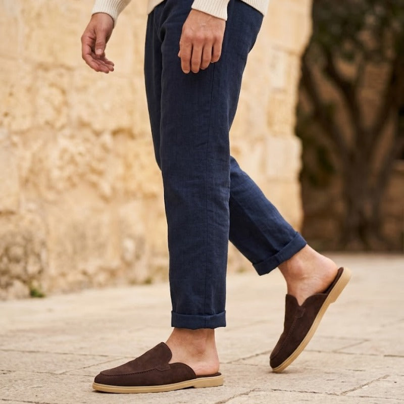 Men's Premium Leather Slip-On Mules – Genuine Suede Backless Loafers with Handmade TPR Sole