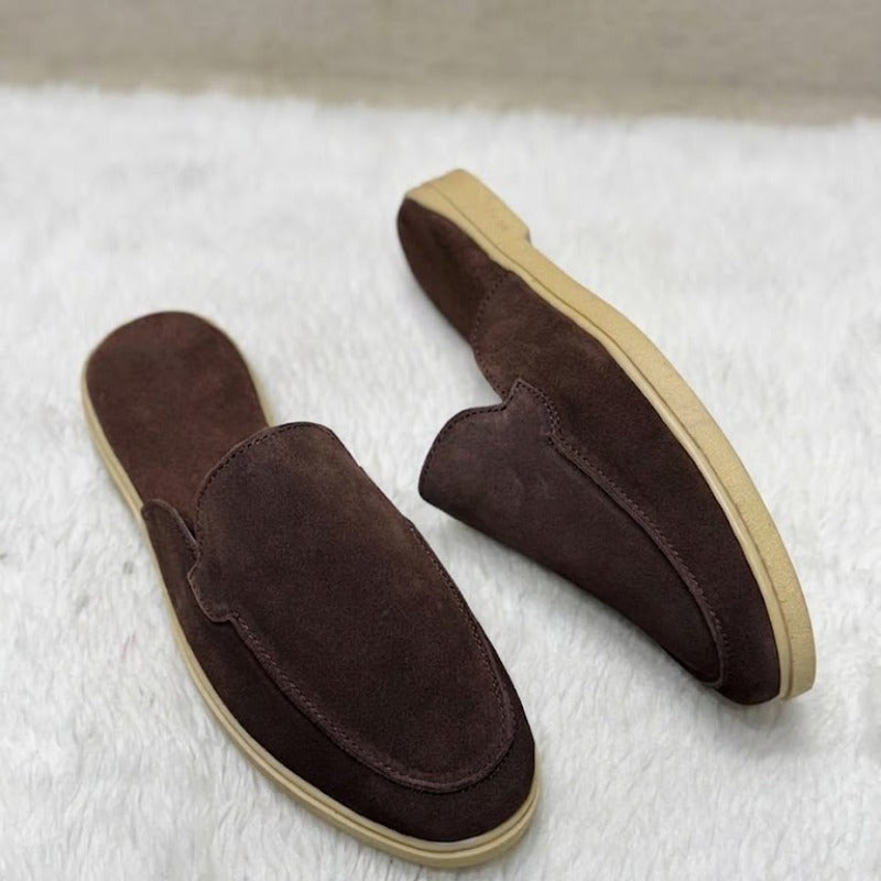 Men's Premium Leather Slip-On Mules – Genuine Suede Backless Loafers with Handmade TPR Sole