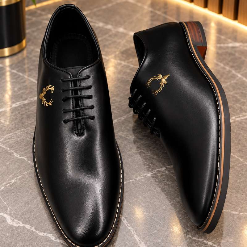 Premium Black Lace-Up Formal Shoes for Men – Embroidered Gold Emblem