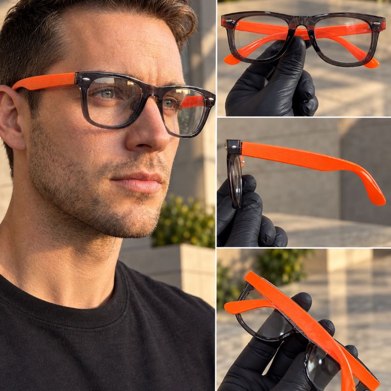 Premium Square Eyeglasses with Transparent Smoke Grey Frame & Neon Orange Temples