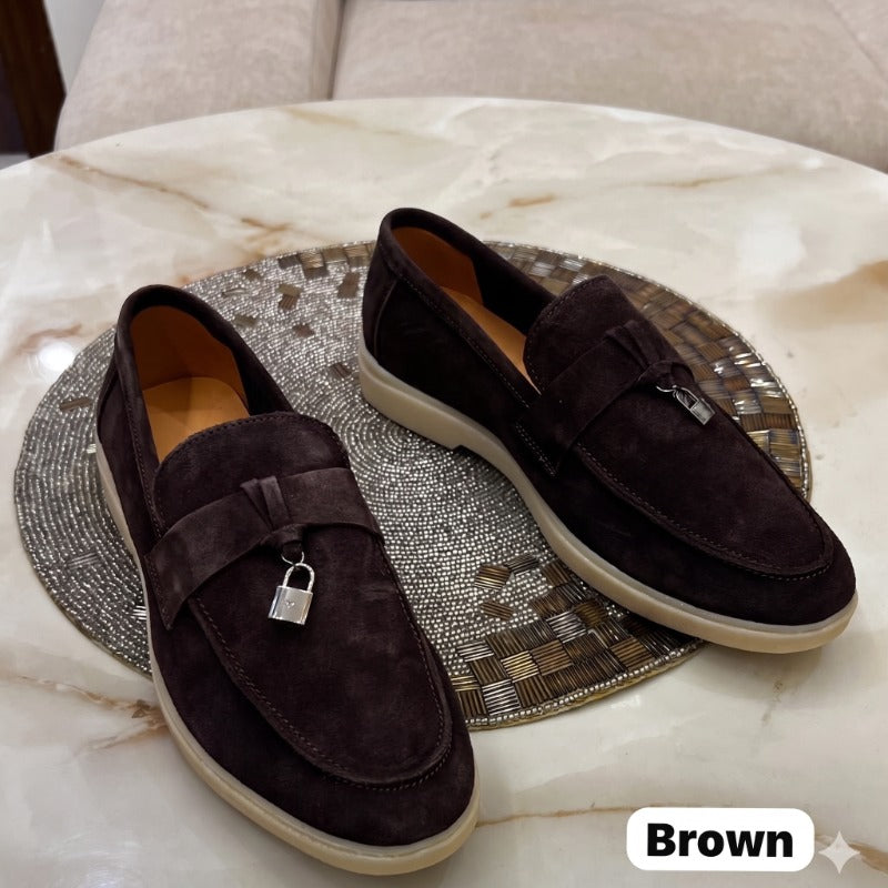 Premium Suede Leather Slip-On Loafers for Men – Luxury Casual Penny Loafers with Metal Charm Detail