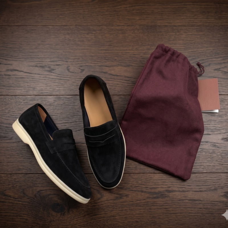 Men's Premium Suede Leather Penny Loafers – Slip-On Casual Sneakers with Handmade TPR Sole
