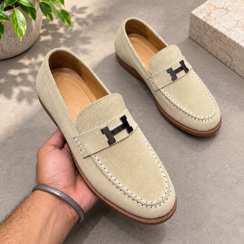 Premium Genuine Leather Slip-On Loafers for Men – H-Style Metal Detail, Handmade TPR Sole