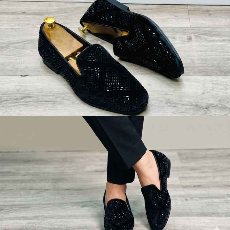 JonasParamount Premium Studded Mirror Work Black Loafers with Durable TPR Sole