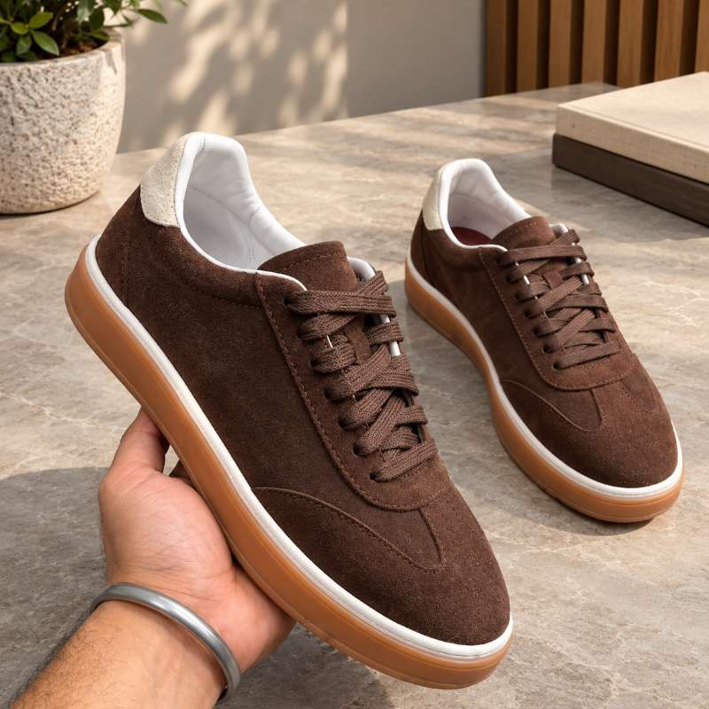 Premium genuine Indian leather sneakers for men with a stylish low-top design, handmade TPR sole and comfortable inner lining. Available in UK 6–UK 10.