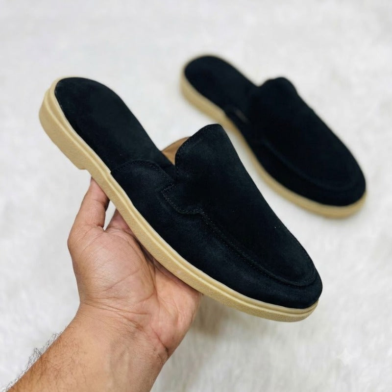 Men's Premium Leather Slip-On Mules – Genuine Suede Backless Loafers with Handmade TPR Sole
