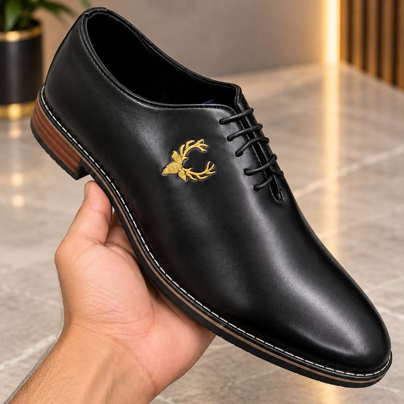 Premium Black Lace-Up Formal Shoes for Men – Embroidered Gold Emblem