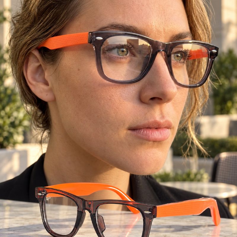Premium Square Eyeglasses with Transparent Smoke Grey Frame & Neon Orange Temples