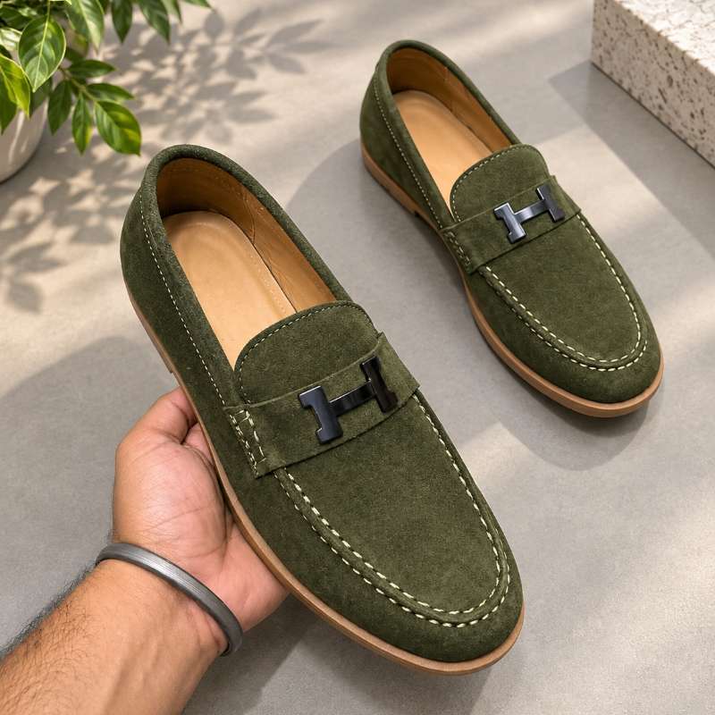 Premium Genuine Leather Slip-On Loafers for Men – H-Style Metal Detail, Handmade TPR Sole