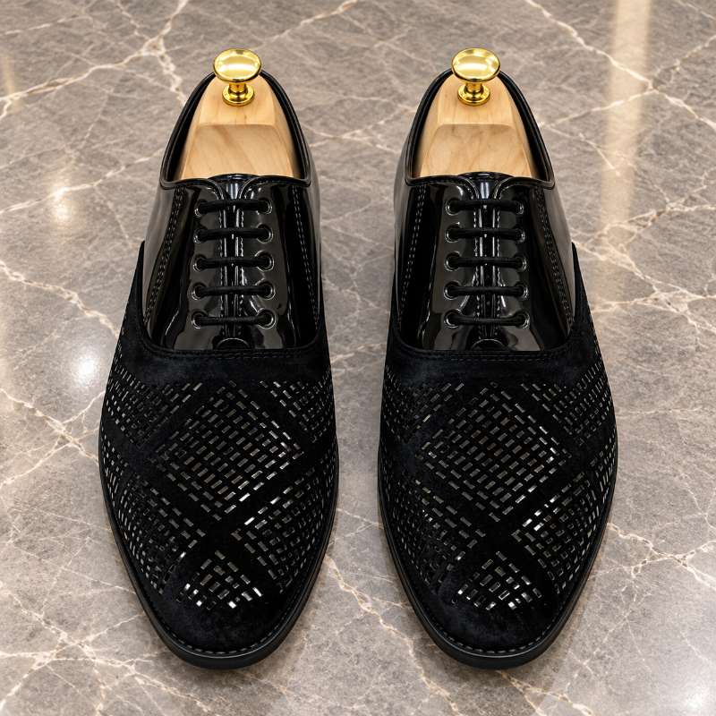Premium Imported Black Studded Mirror Work Formal Shoes for Men – Handmade | Durable TPR Sole