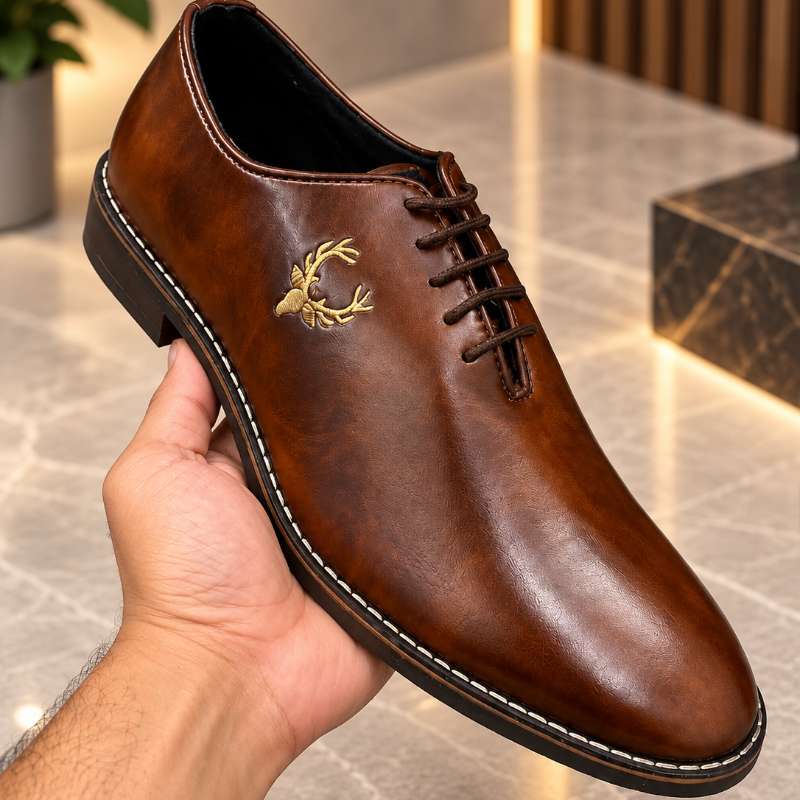 Premium Black Lace-Up Formal Shoes for Men – Embroidered Gold Emblem