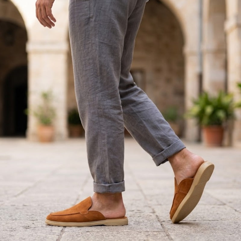 Men's Premium Leather Slip-On Mules – Genuine Suede Backless Loafers with Handmade TPR Sole