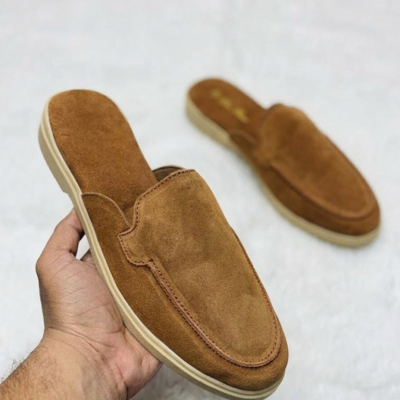 Men's Premium Leather Slip-On Mules – Genuine Suede Backless Loafers with Handmade TPR Sole