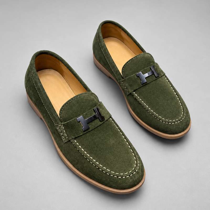 Premium Genuine Leather Slip-On Loafers for Men – H-Style Metal Detail, Handmade TPR Sole