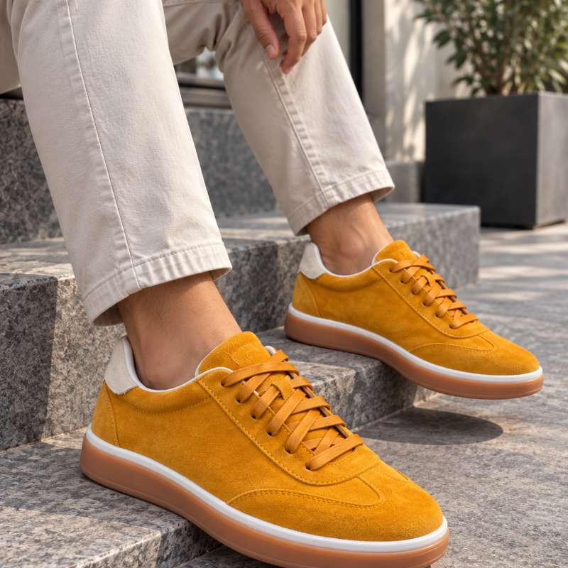 Premium genuine Indian leather sneakers for men with a stylish low-top design, handmade TPR sole and comfortable inner lining. Available in UK 6–UK 10.
