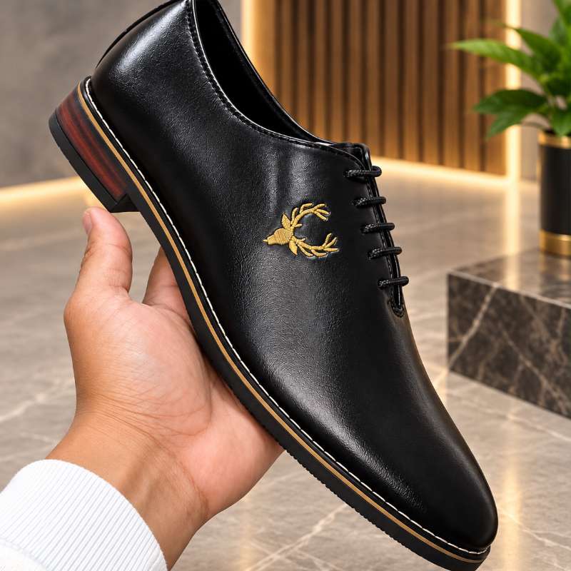 Premium Black Lace-Up Formal Shoes for Men – Embroidered Gold Emblem