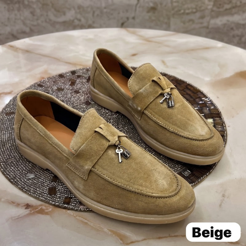 Premium Suede Leather Slip-On Loafers for Men – Luxury Casual Penny Loafers with Metal Charm Detail